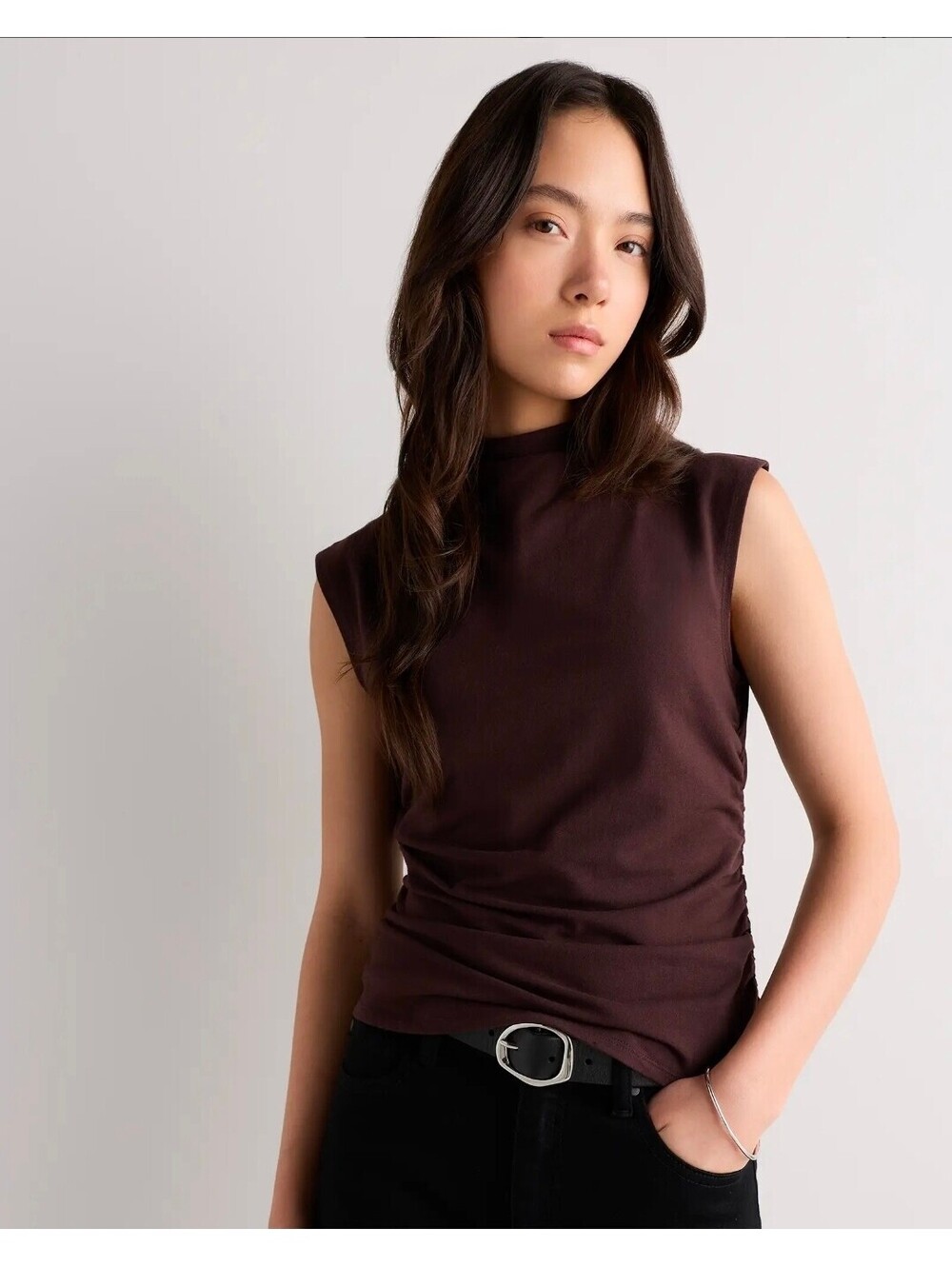 Quince Sleeveless Mock Neck Top in Dark Brown, Size L